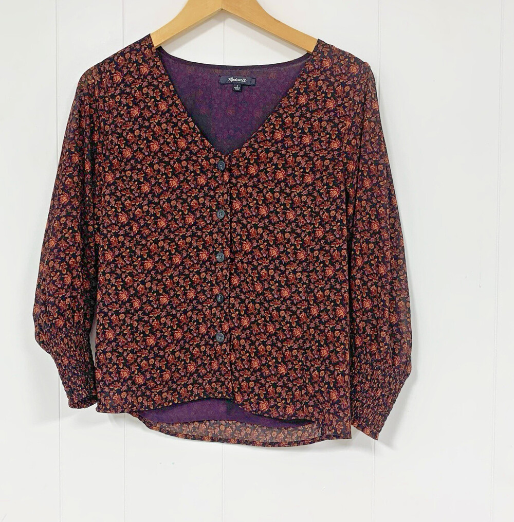 Madewell Women's Multicolor Smocked-Cuff Button-Front Top Size 2